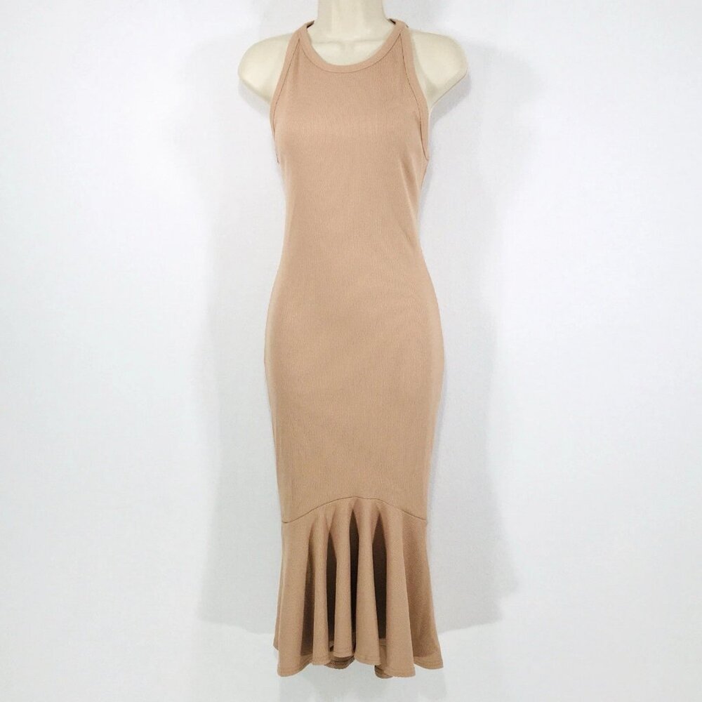 7 For All Mankind Midi Dress Sz M Nude Blush Ribbed Knit Racer Back Stretchy